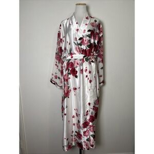 VTG California Dynasty Satin Floral Robe Size Large Sheer Sleeve Romantic Bridal